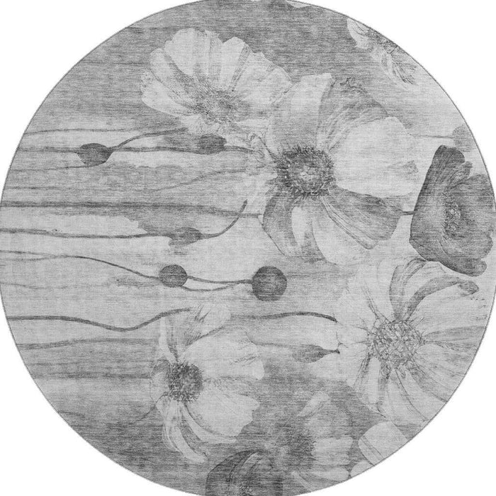 8' Floral Washable Round Rug With UV Protection (657302) - Gray / Silver