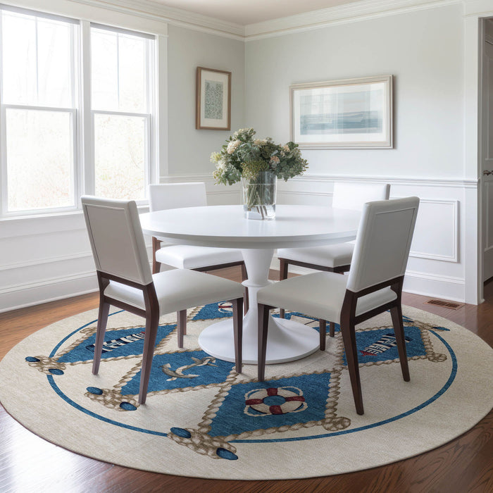 8' Nautical Washable Round Rug With UV Protection - Ivory And Red