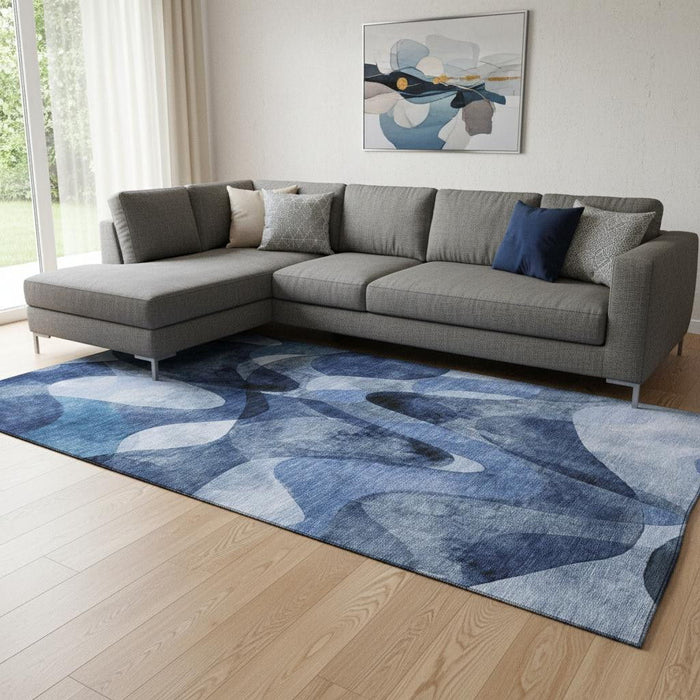 8' X 10' Abstract Washable Area Rug With UV Protection (648086) - Navy Blue / Ivory