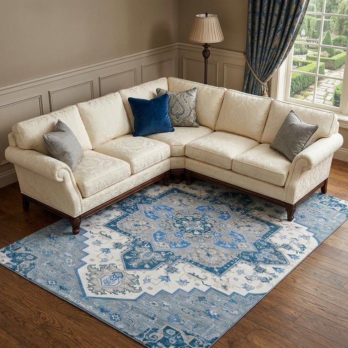 10' X 14' Oriental Washable Area Rug With UV Protection (681299) - Blue / Ivory / Gray