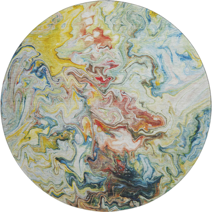 8' Abstract Washable Round Rug With UV Protection (650959) - Ivory / Yellow / Blue