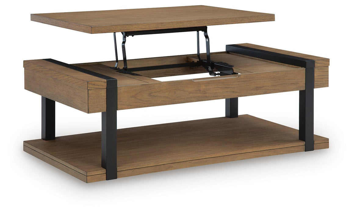 Signature Design by Ashley Jorannti living room end table with a sleek wooden top and metal frame.