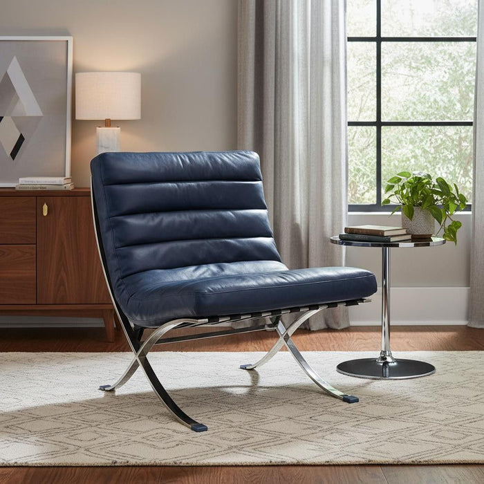 Tufted Leather Upholstered Folding Lounge Chair - Blue / Silver