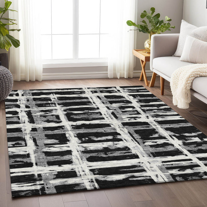 9' X 12' Striped Washable Area Rug With UV Protection - Black And Silver