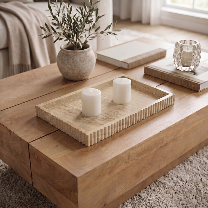 Beige Hannah Travertine Tray by Meridian Furniture showing a stylish rectangular tray with textured stone surface.