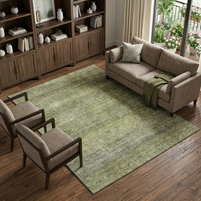 10' X 14' Striped Washable Area Rug With UV Protection (688141) - Artichoke Green / Gray / Beige