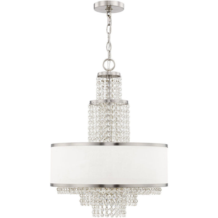 Five-light metal chandelier with shades in nickel, clear, and off-white finishes, featuring a modern design by HomeRoots.
