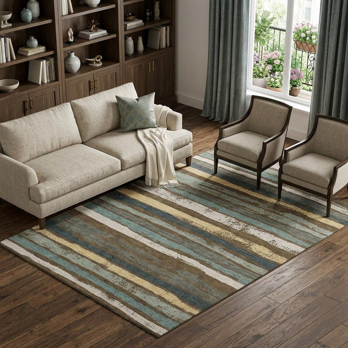 10' X 14' Striped Washable Area Rug With UV Protection (680007) - Brown / Gold / Ivory