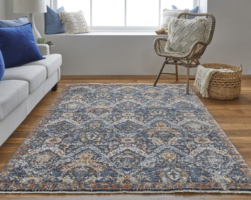 8' x 10' Floral Power Loom Area Rug With Fringe - Blue Orange And Ivory