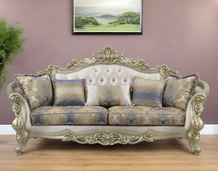 Velvet curved floral sofa with champagne legs and matching toss pillows in antiqued white, by HomeRoots.