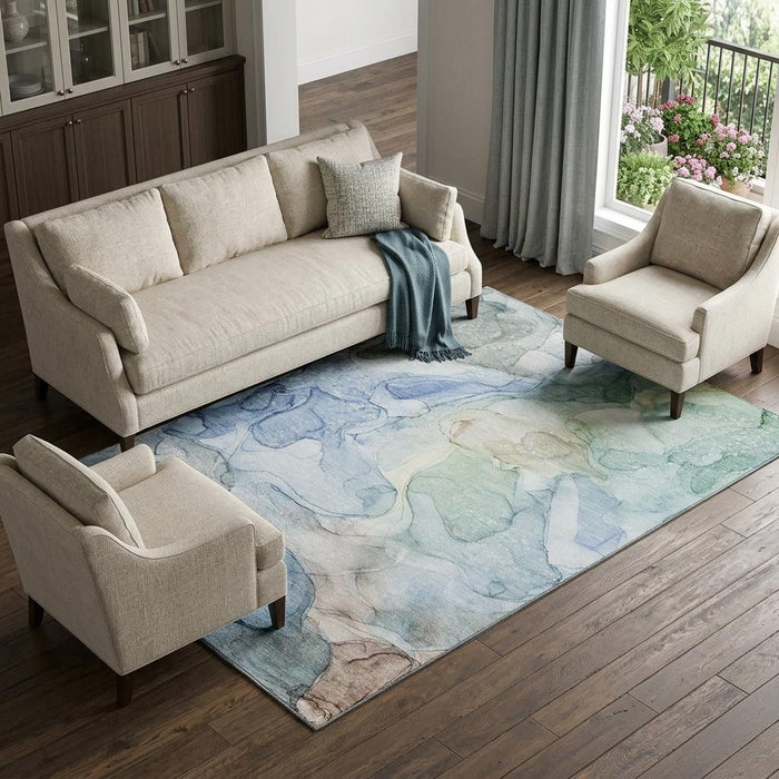 8' X 10' Abstract Washable Area Rug With UV Protection (647006) - Blue / Ivory