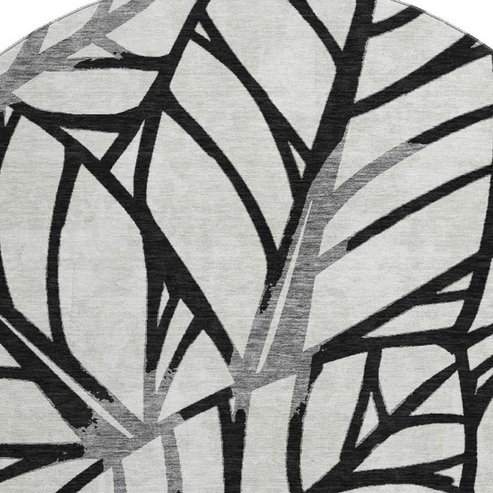 8' Floral Washable Round Rug With UV Protection - Black And Beige