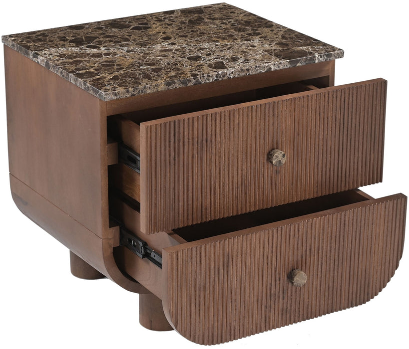Mango wood accent nightstand from Meridian Furniture, featuring a sleek design with a single drawer and open shelf.