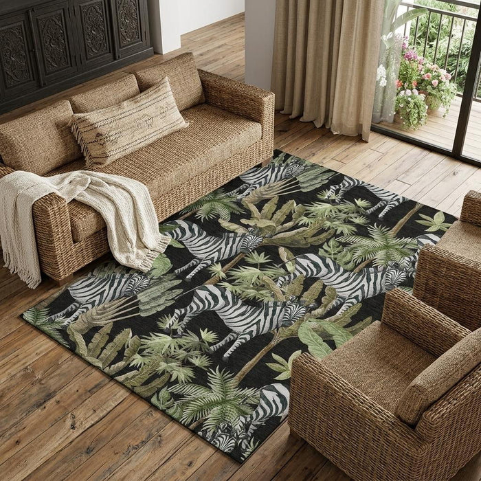 9' X 12' Geometric Washable Area Rug With UV Protection (646384) - Midnight / Green / Brown