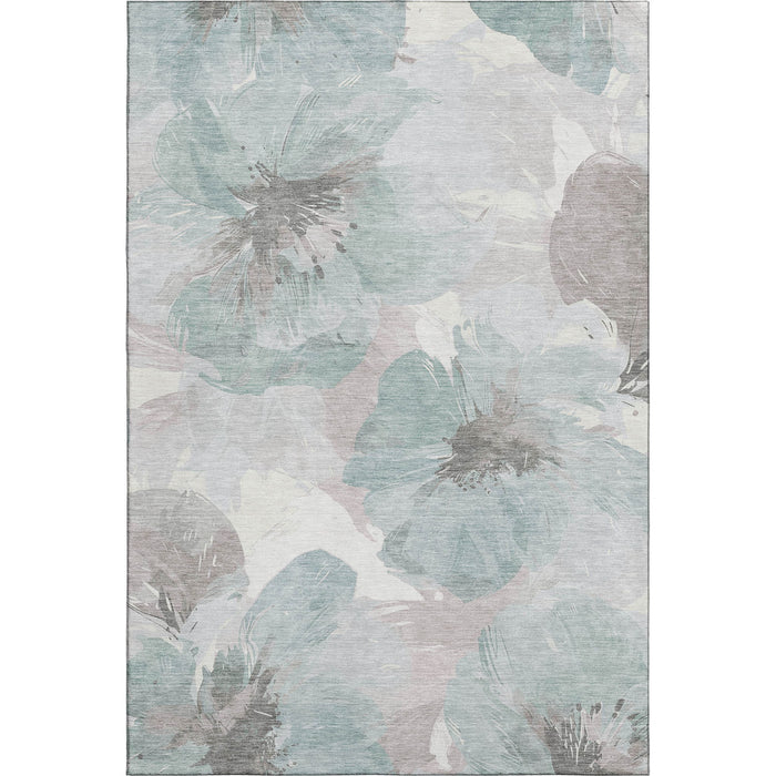 10' X 14' Floral Washable Area Rug With UV Protection (694406) - Pale Aqua / Ivory / Gray