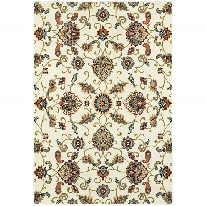 8' x 11' Floral Power Loom Stain Resistant Area Rug - Ivory Green Blue Red Salmon And Yellow