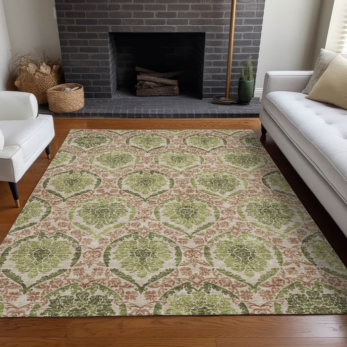 9' X 12' Medallion Washable Area Rug With UV Protection - Olive Green And Copper