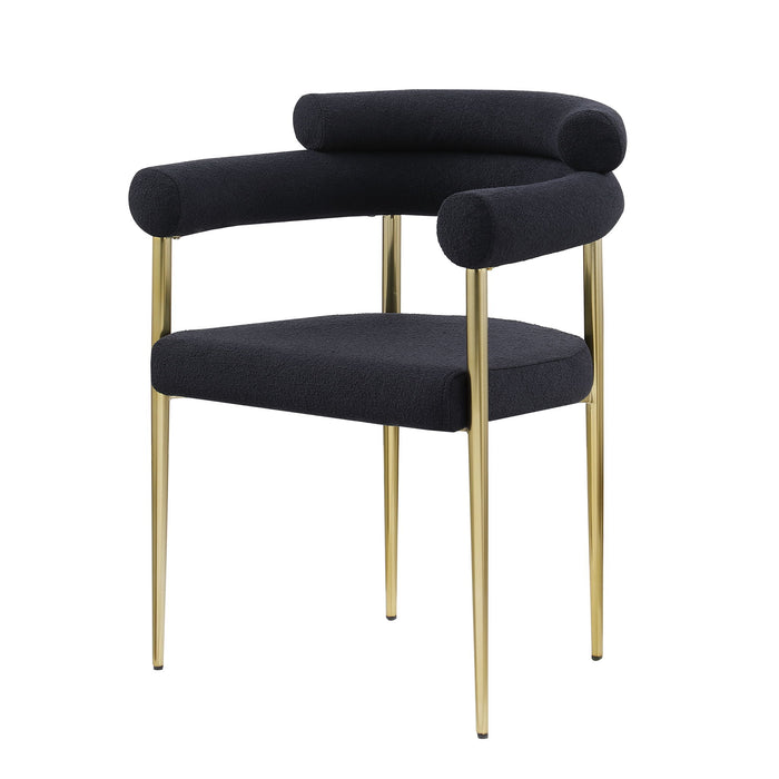 Set of 2 Giga mid-century modern dining chairs with boucle backrests and brushed metal legs, ideal for kitchen or dining room.