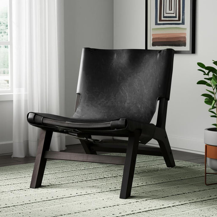Genuine Leather And Solid Wood Slipper Chair - Black