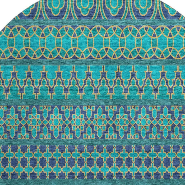 8' Ikat Washable Round Rug With UV Protection - Teal And Gold