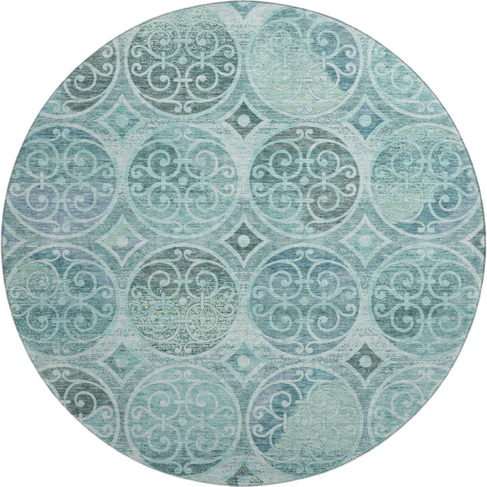 8' Medallion Washable Round Rug With UV Protection - Teal And Aqua