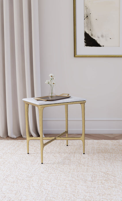 CoasterEveryday Baldwin rectangular side table with white marble top and gold frame