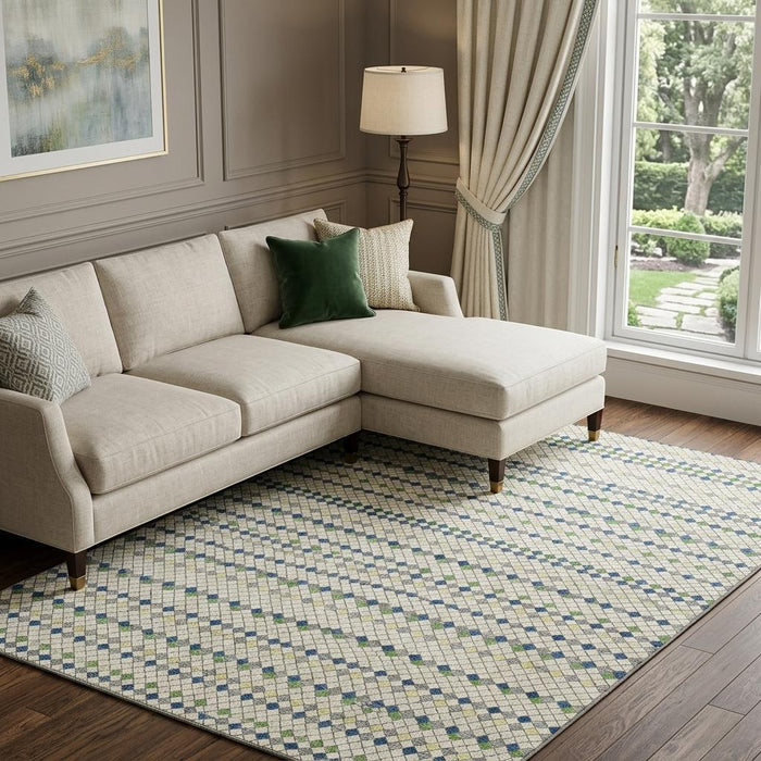 10' X 14' Striped Washable Area Rug With UV Protection (693534) - Linen / Green / Blue