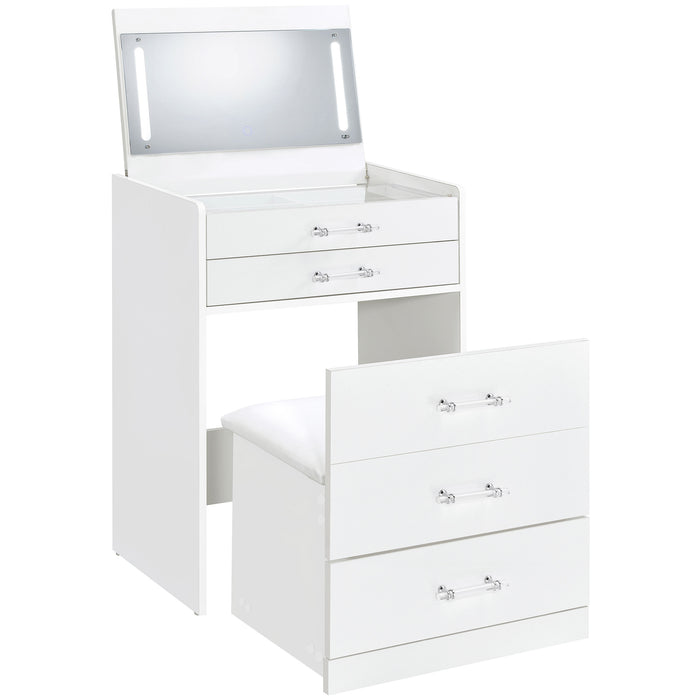 White high gloss Danbury makeup vanity with three drawers and matching stool, featuring sleek modern furniture design.