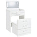 White high gloss Danbury makeup vanity with three drawers and matching stool, featuring sleek modern furniture design.