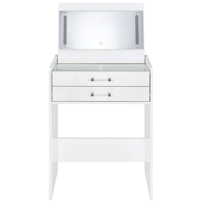 White high gloss Danbury 3-drawer makeup vanity with matching stool, featuring sleek furniture design and modern style.