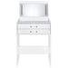 White high gloss Danbury 3-drawer makeup vanity with matching stool, featuring sleek furniture design and modern style.