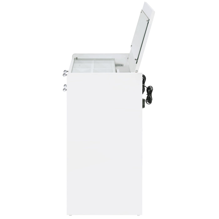 White high gloss Danbury 3-drawer makeup vanity with matching stool, modern furniture set by CoasterEveryday.