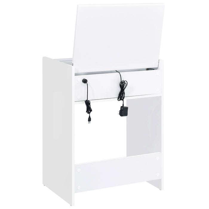 White Danbury 3-drawer makeup vanity with matching stool, high gloss furniture by CoasterEveryday, featuring sleek modern design.
