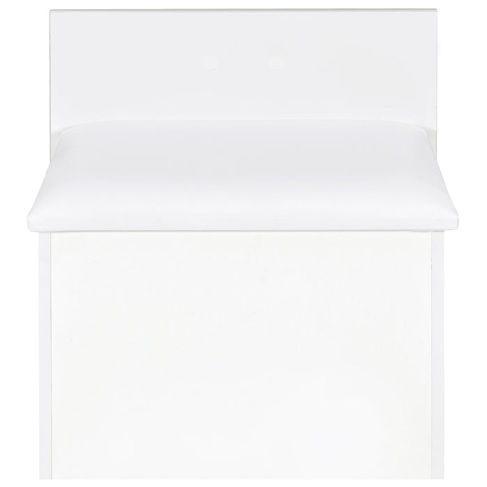 White high gloss Danbury 3-drawer makeup vanity with matching stool, modern furniture set by CoasterEveryday.