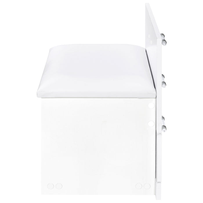 White Danbury 3-drawer makeup vanity and stool set by CoasterEveryday, featuring a high gloss finish and sleek furniture design.