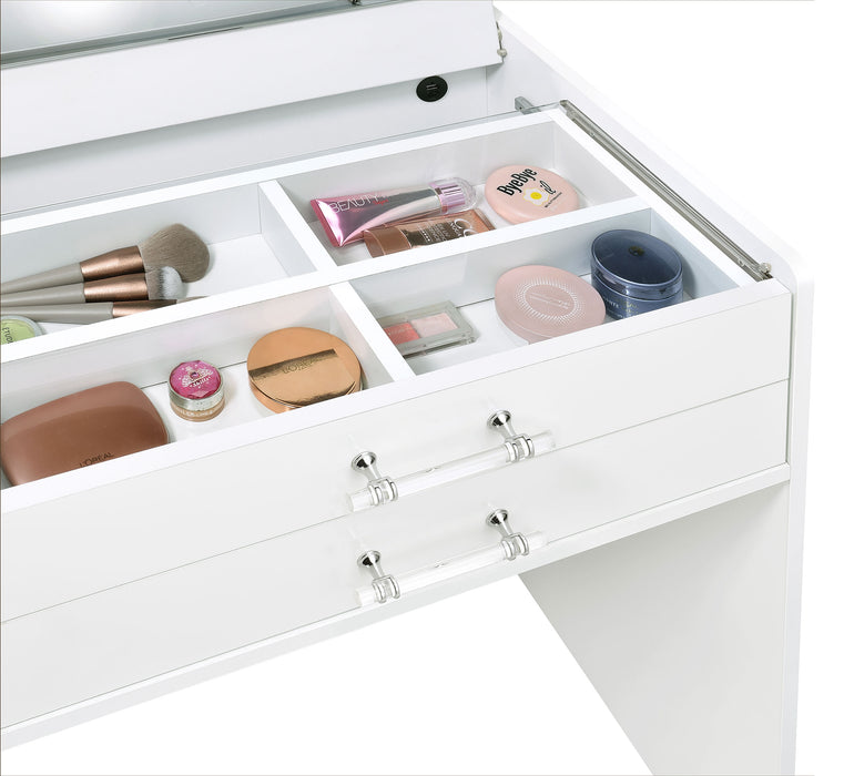 White high gloss Danbury 3-drawer makeup vanity with matching stool, modern furniture set by CoasterEveryday