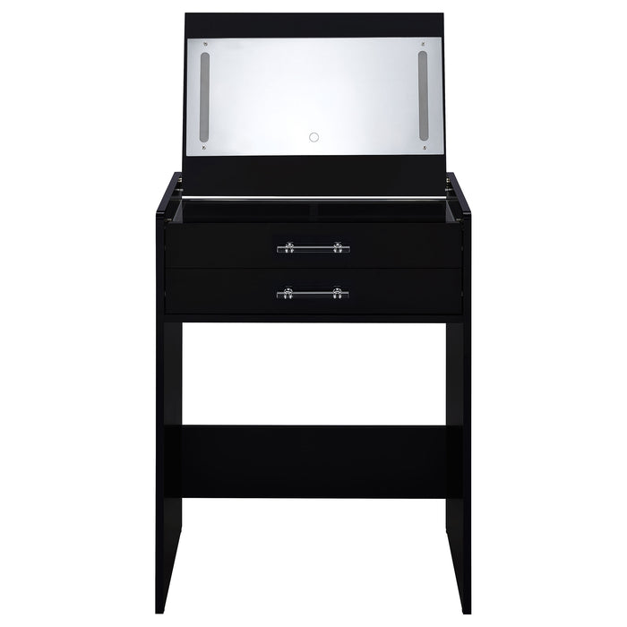 Black Danbury 3-drawer makeup vanity with matching stool, high gloss finish, and furniture design by CoasterEveryday.