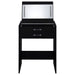 Black Danbury 3-drawer makeup vanity with matching stool, high gloss finish, and furniture design by CoasterEveryday.