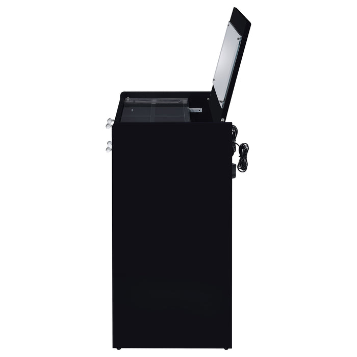 Black high gloss Danbury 3-drawer makeup vanity with matching stool, modern furniture set by CoasterEveryday.