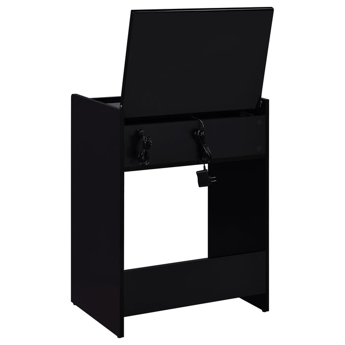 Black high gloss Danbury makeup vanity with three drawers and matching stool, featuring sleek modern furniture design.