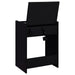 Black high gloss Danbury makeup vanity with three drawers and matching stool, featuring sleek modern furniture design.