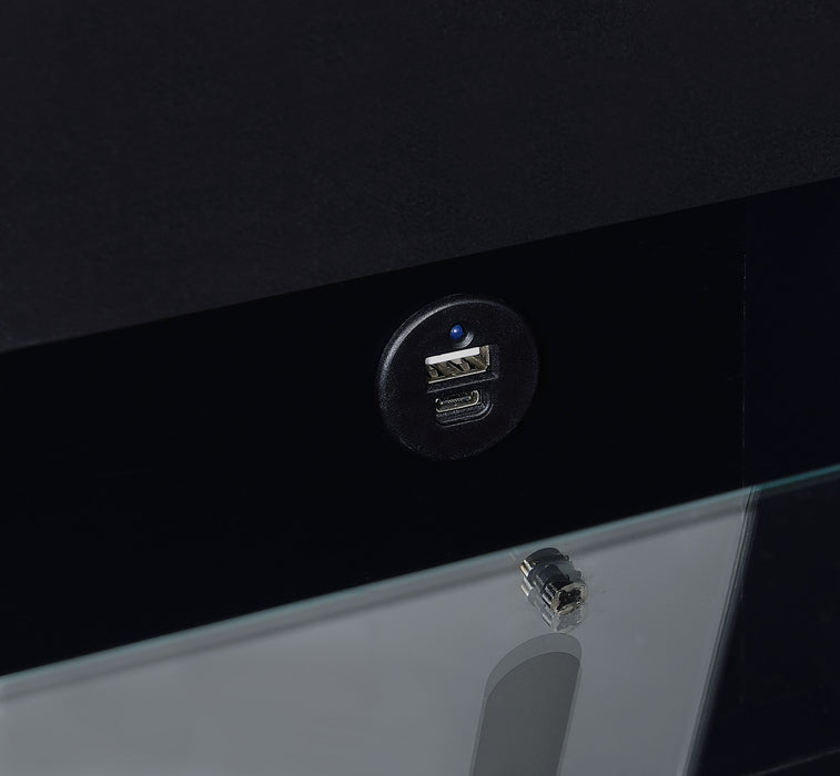 Black high gloss Danbury 3-drawer makeup vanity with matching stool set by CoasterEveryday, featuring sleek furniture design.