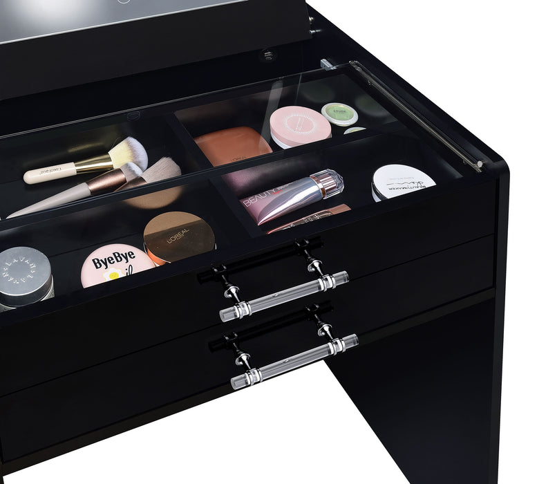 Black high gloss Danbury 3-drawer makeup vanity with attached mirror and matching stool, featuring sleek furniture design.