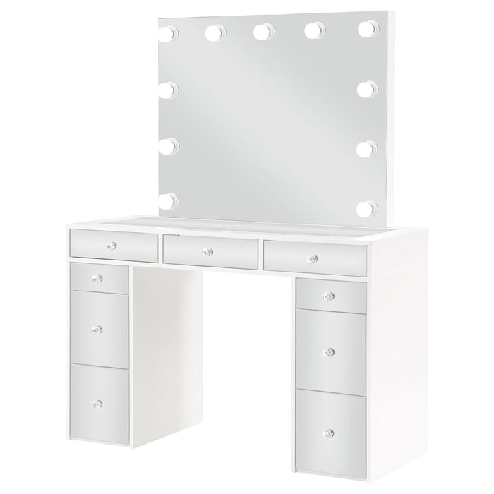 White Regina makeup vanity table set with built-in lighting, featuring a sleek design and spacious mirror for beauty routines.