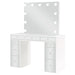 White Regina makeup vanity table set with built-in lighting, featuring a sleek design and spacious mirror for beauty routines.