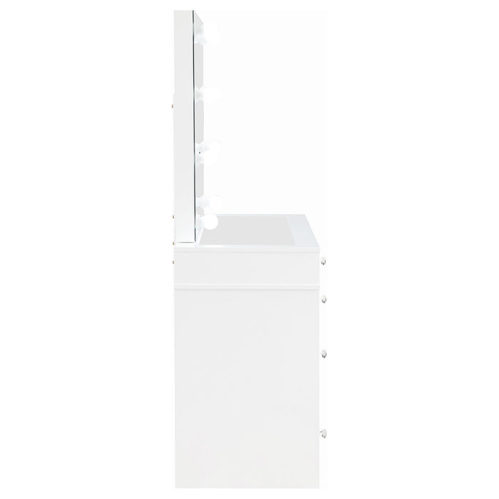 CoasterEveryday Regina makeup vanity table set with white finish and built-in lighting, featuring a spacious tabletop and mirror.