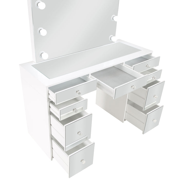 White Regina makeup vanity table set with built-in lighting, featuring a mirror, drawers, and a cushioned stool from CoasterEveryday.