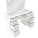 White Regina makeup vanity table set with built-in lighting, featuring a mirror, drawers, and a cushioned stool from CoasterEveryday.