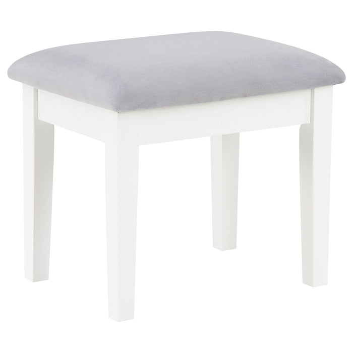 White Regina makeup vanity table set with built-in lighting, featuring a mirror, drawers, and a cushioned stool, by CoasterEveryday.