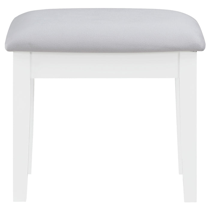 White Regina makeup vanity table set with built-in lighting and mirror, featuring a sleek, modern furniture design.